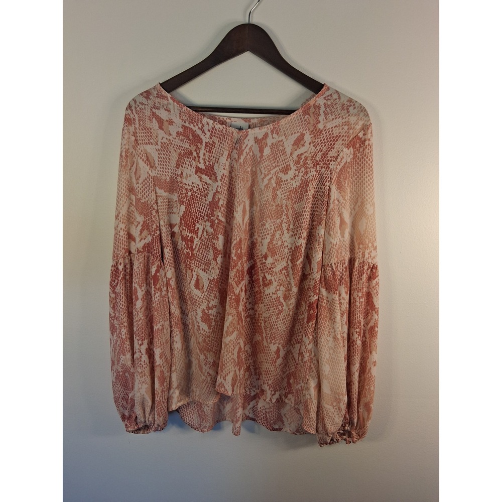 Boho Cabi Snakeskin Print Blouse Womens Large Pink Tan Balloon Sleeve Pleat Back